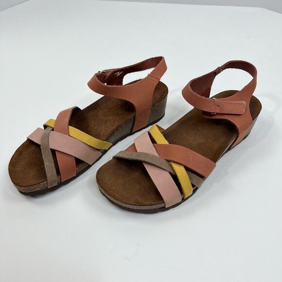 Bio-Gold Colorful Pastel Cross Strap Leather Slip On Sandals Womens Size 7.5 - Picture 1 of 13